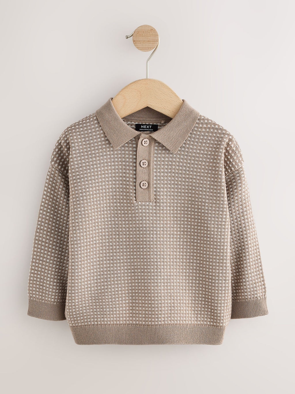 Neutral Textured Knitted Popper Neck Polo Shirt (3mths-7yrs)