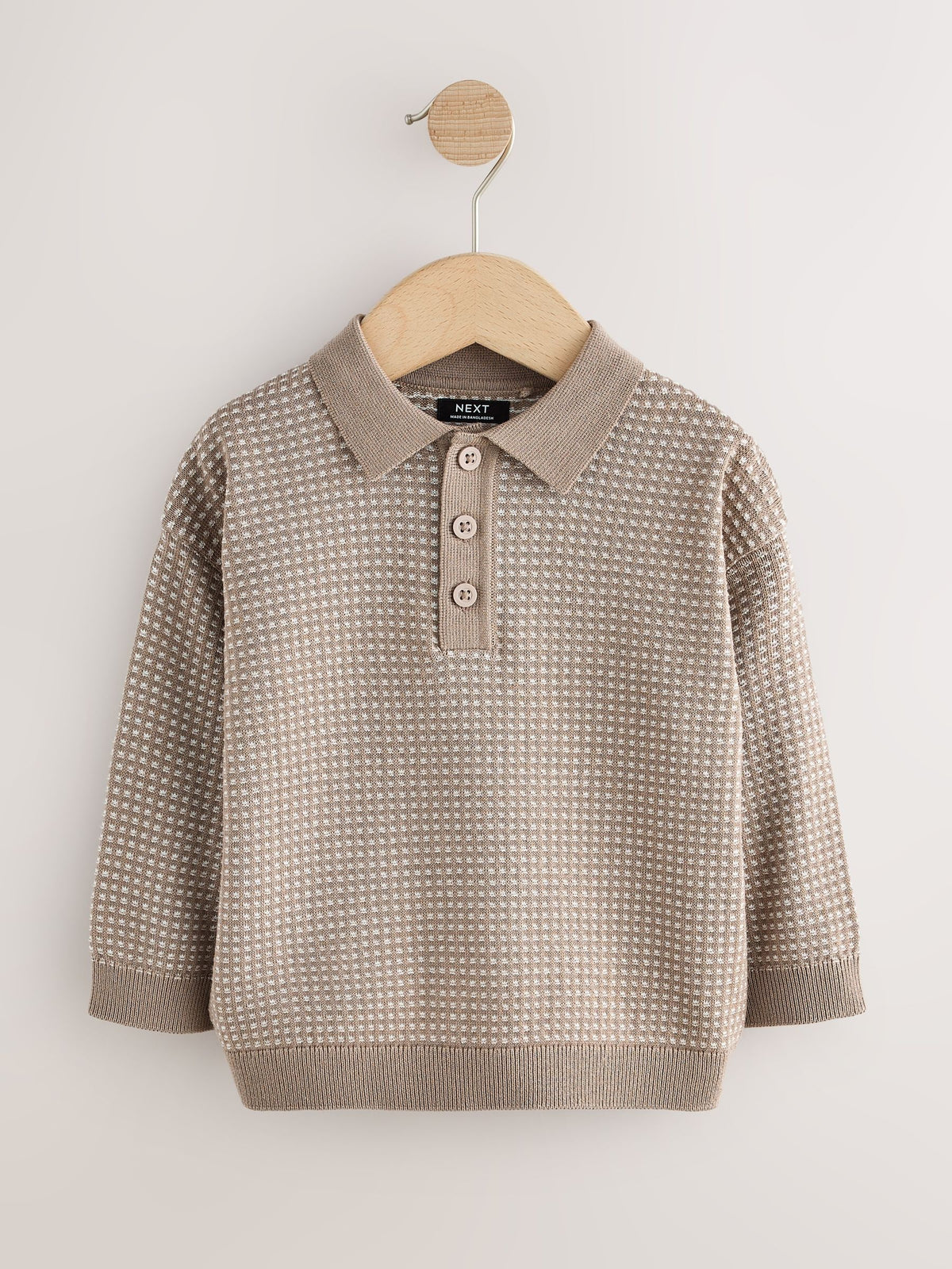 Neutral Textured Knitted Popper Neck Polo Shirt (3mths-7yrs)