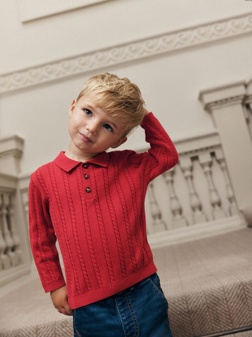 Red Cable Knit Polo Shirt (3mths-7yrs)