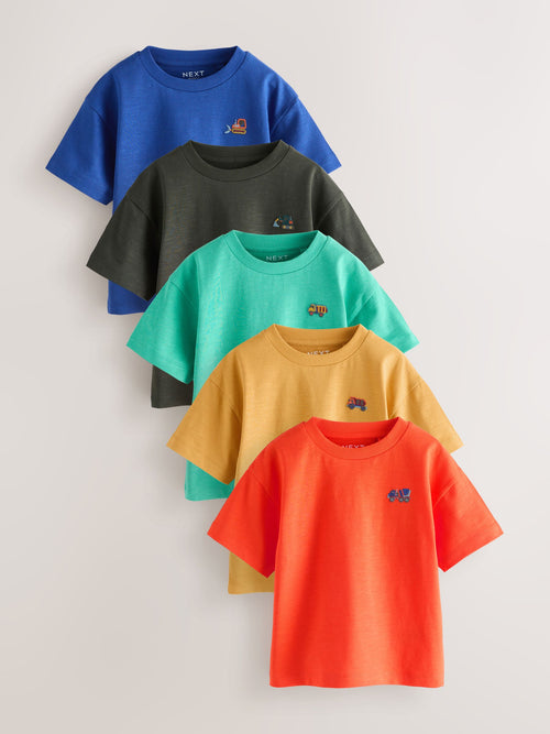Multi Bright Transport Embroidery Relaxed Fit Short Sleeve T-Shirts 5 Pack (3mths-7yrs)