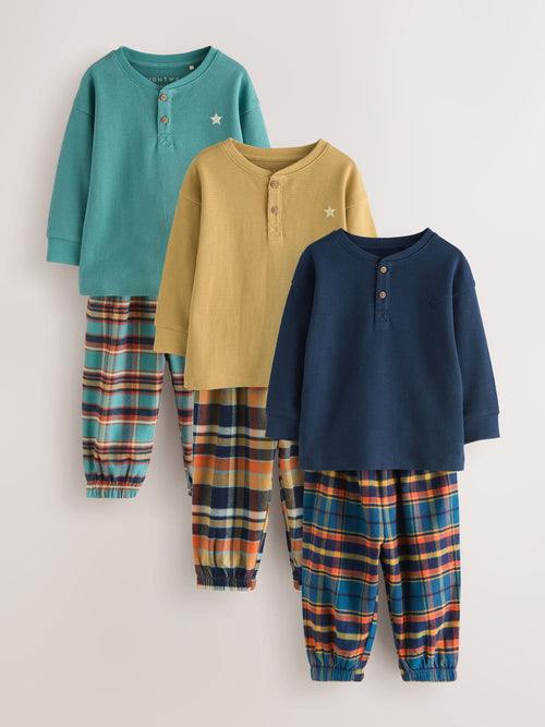Navy/Ochre/Teal Check Woven Bottom Pyjamas 3 Pack (9mths-12yrs)