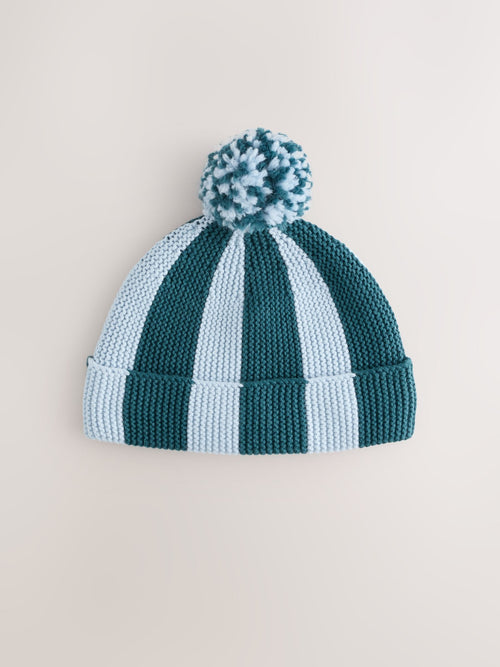 Blue and Teal Stripe Knitted Baby Hat With Pom