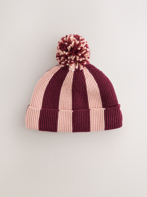 Red Stripe Knitted Baby Hat With Pom