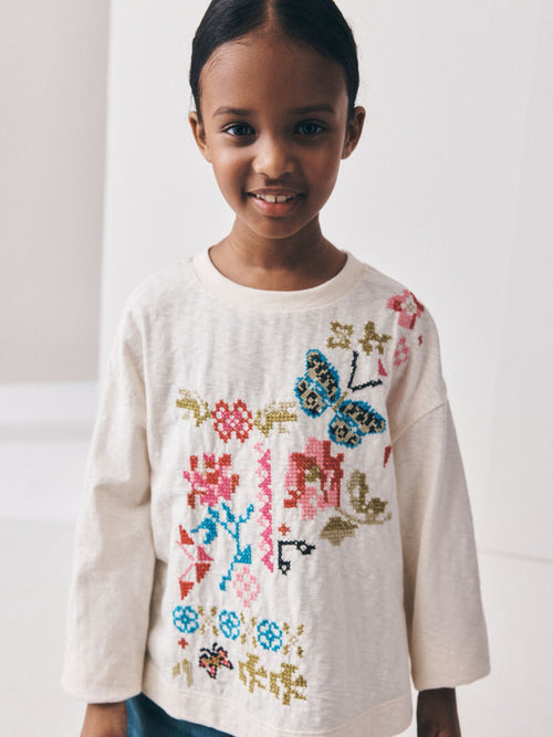 Ecru Embroidery Long Sleeve Top (3-16yrs)