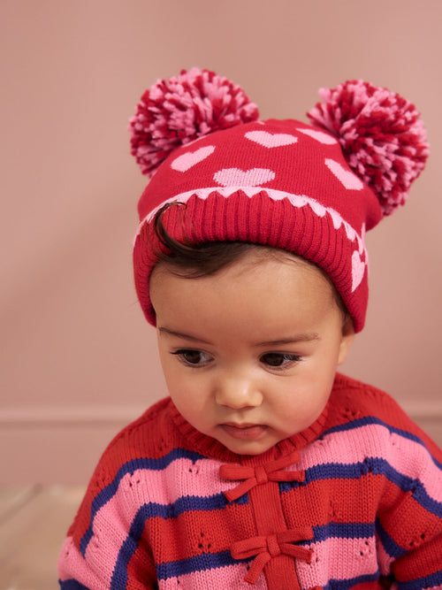 Red/Pink Heart Knitted Double Pom Baby Beanie
