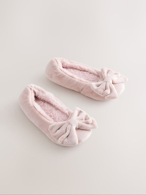 Pink Standard Fit (F) Velour Ballet Bow Slippers