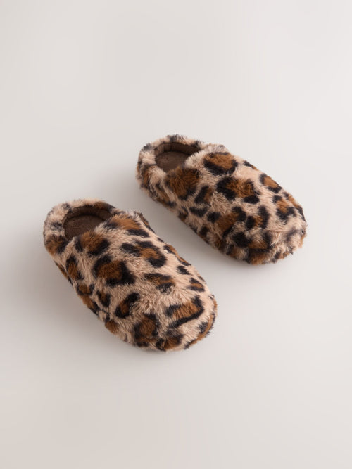 Leopard Print Faux Fur Mule Slippers