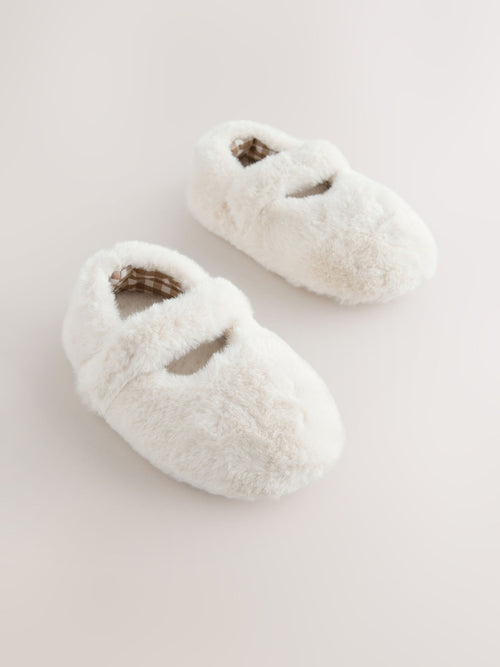 Neutral Faux Fur Mary Jane Slippers