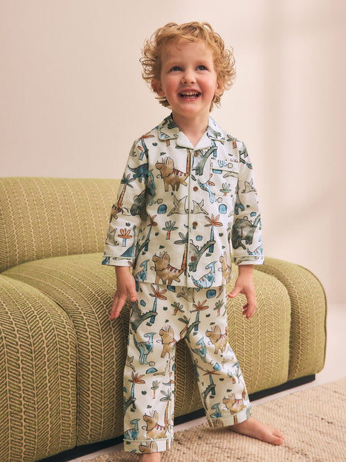 Ecru Watercolour Dino Button Down Pyjamas (9mths-10yrs)