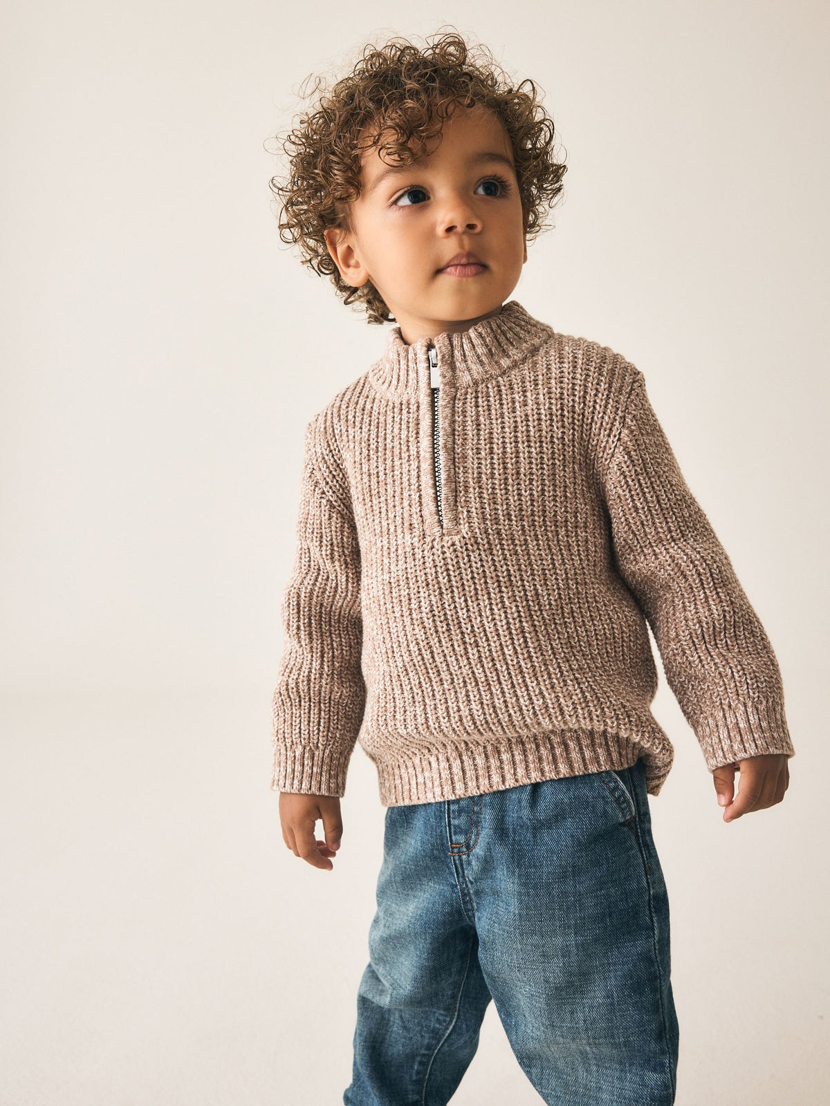 Beige Zip Neck Knitted Cable Jumper (3mths-7yrs)