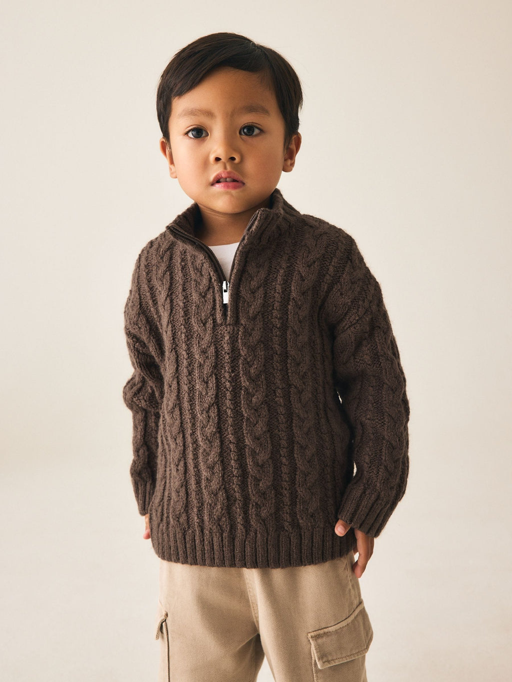 Brown Zip Neck Knitted Cable Jumper (3mths-7yrs)