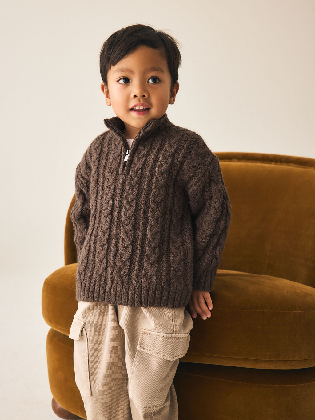 Brown Zip Neck Knitted Cable Jumper (3mths-7yrs)