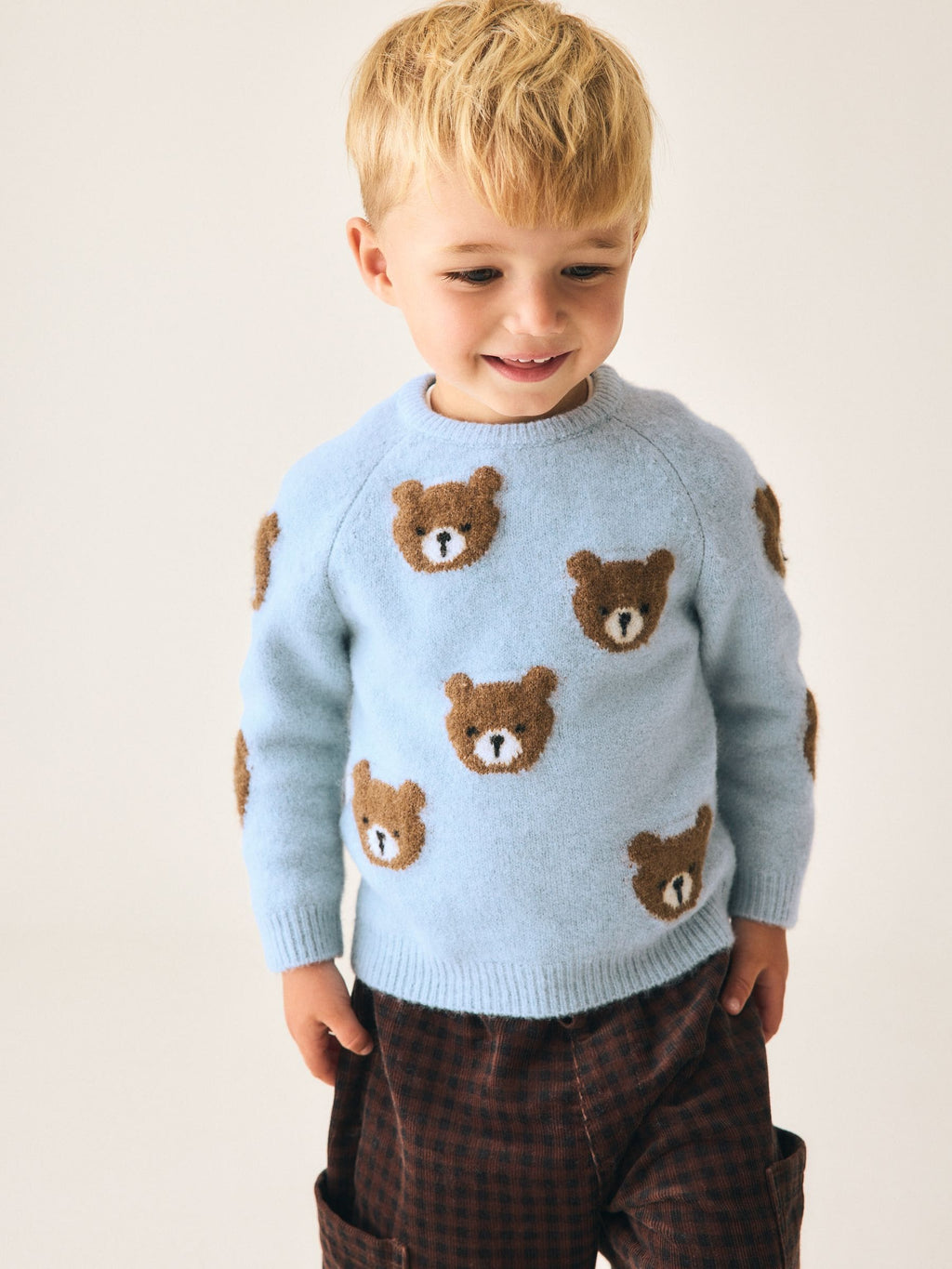 Light Blue Bear All Over Character Knitted Crew Neck Jumper (3mths-7yrs)