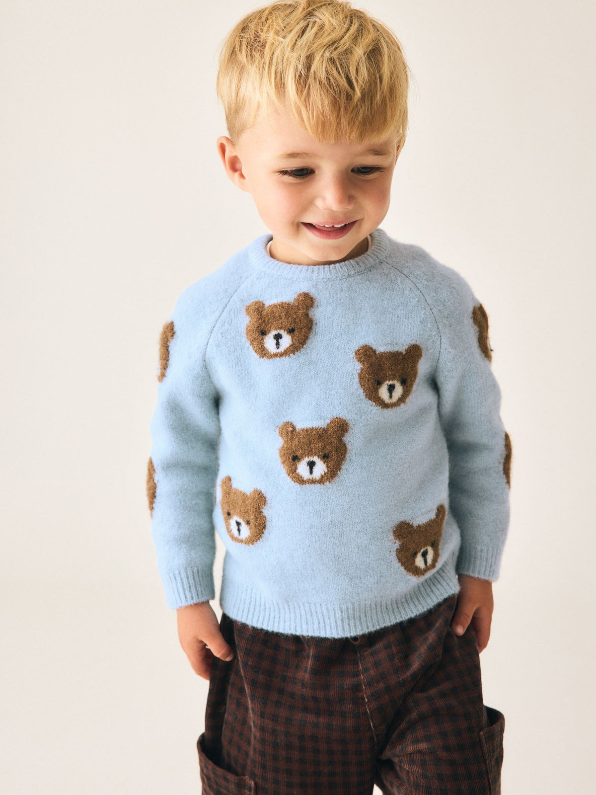 Light Blue Bear All Over Character Knitted Crew Neck Jumper (3mths-7yrs)