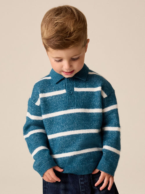 Teal Blue Knitted Stripe Polo Shirt (3mths-7yrs)