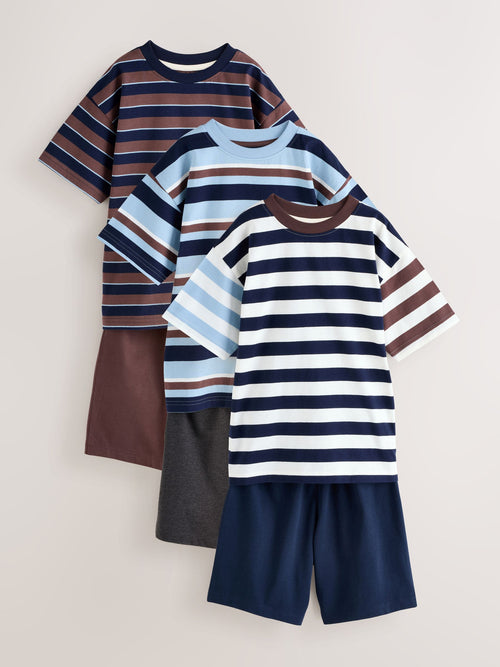 Blue/Brown/Ecru Stripe Short Pyjamas 3 Pack (3-16yrs)
