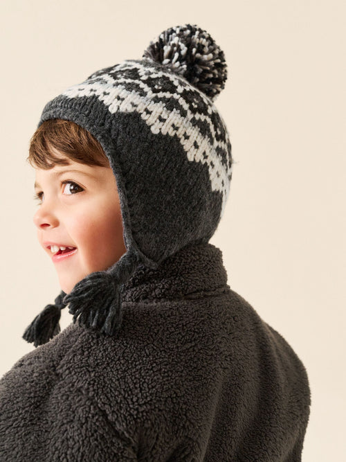 Black/ White Fairisle Pom Knitted Beanie Hat (3mths-13yrs)