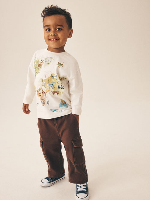 Cream Watercolour World Map Long Sleeve All Over Print T-Shirt (3mths-7yrs)