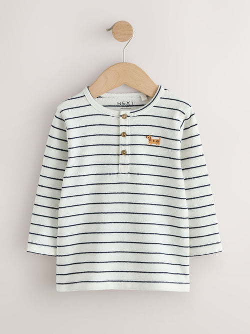 Navy/White Dog Embroidered Stripe Long Sleeve Henley Neck T-Shirt (3mths-7yrs)