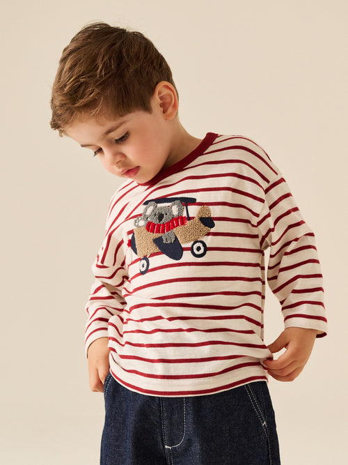 Burg/White Koala Plane Long Sleeve Appliqué T-Shirt (3mths-7yrs)