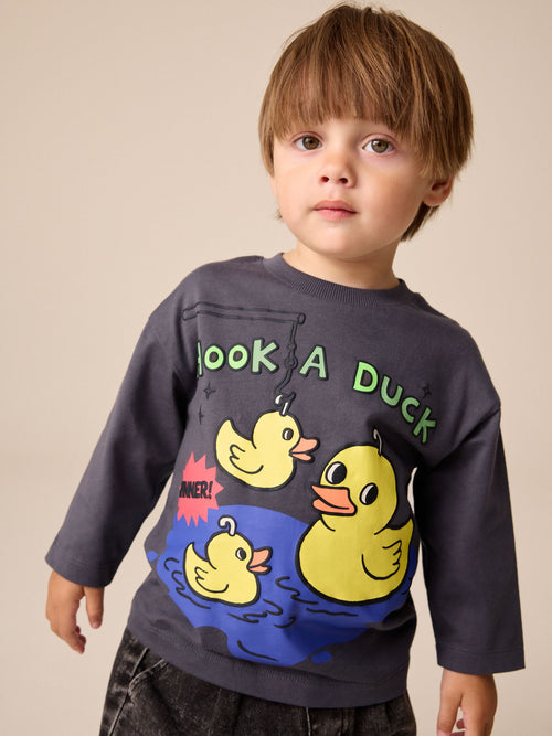 Charcoal Grey Hook a Duck Long Sleeve Graphic T-Shirt (3mths-7yrs)