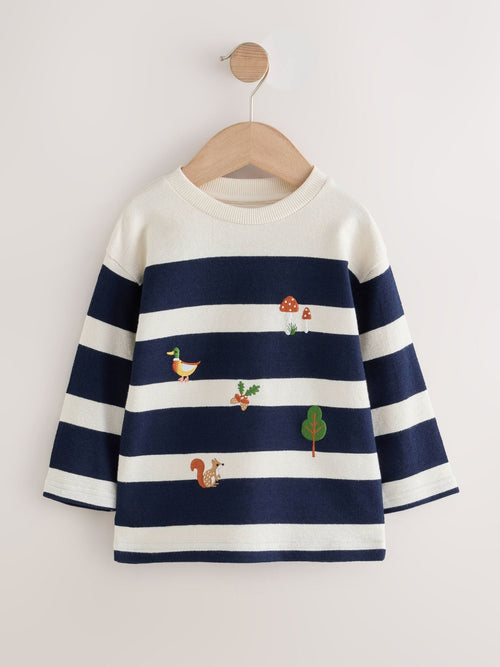 Navy/White Woodland embroidered Long Sleeve Appliqué T-Shirt (3mths-7yrs)
