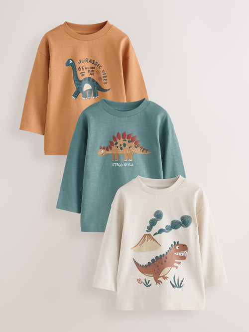 Brown Dinosaur Long Sleeve Graphic T-Shirts 3 Pack (3mths-7yrs)