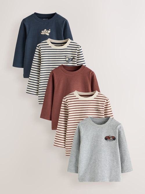 Navy Stripe Transport Long Sleeve T-Shirts 5 Pack (3mths-7yrs)