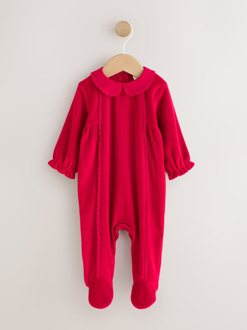 Cherry Red Velour Collared Baby Sleepsuit (0mths-3yrs)