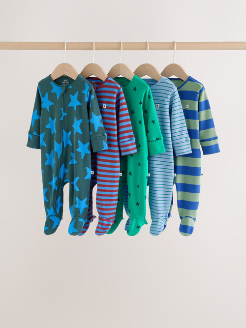 Blue/Green Two Way Zip Baby Sleepsuits 5 Pack (0-2yrs)