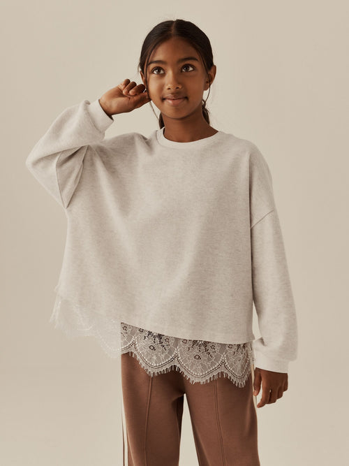 Oatmeal Cosy Rib Lace Hem Sweatshirt (3-16yrs)