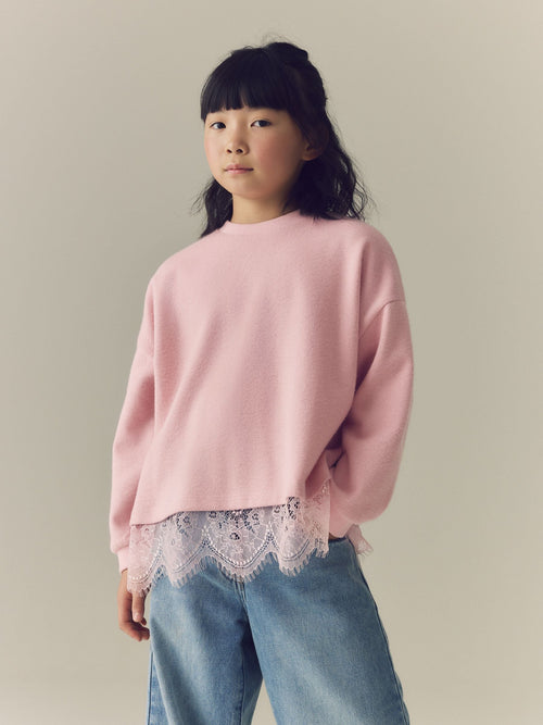Pink Cosy Rib Lace Hem Sweatshirt (3-16yrs)
