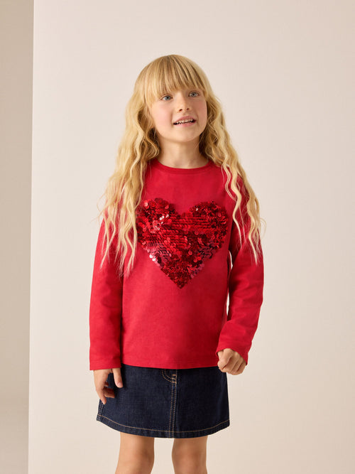 Red Long Sleeve Sequin Heart Top (3-16yrs)