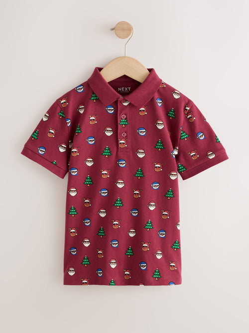 Burgundy Red Short Sleeve Christmas Polo Shirt (3-16yrs)