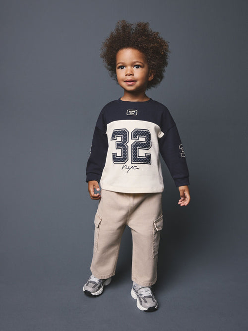 Navy Varsity Colourblock Long Sleeve Back Graphic T-Shirt (3mths-10yrs)