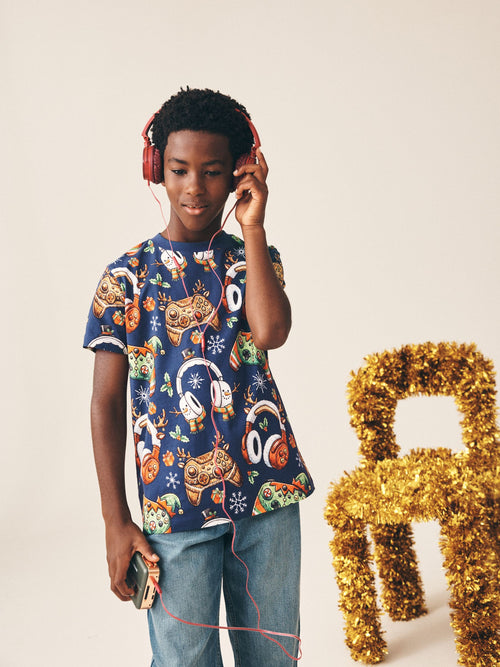 Navy Short Sleeve Christmas T-Shirt (3-16yrs)
