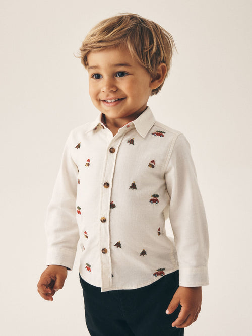 Ecru Long Sleeve All Over Embroidery Christmas Shirt (3mths-10yrs)