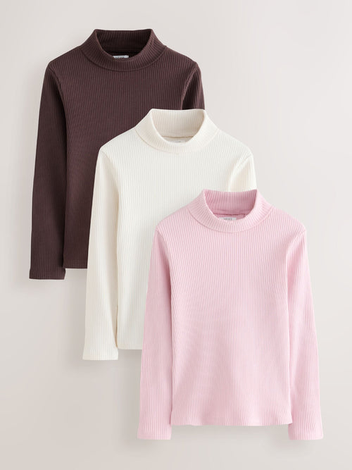 Chocolate/Pink Long Sleeve Roll Neck Rib Tops 3 Pack (3-16yrs)