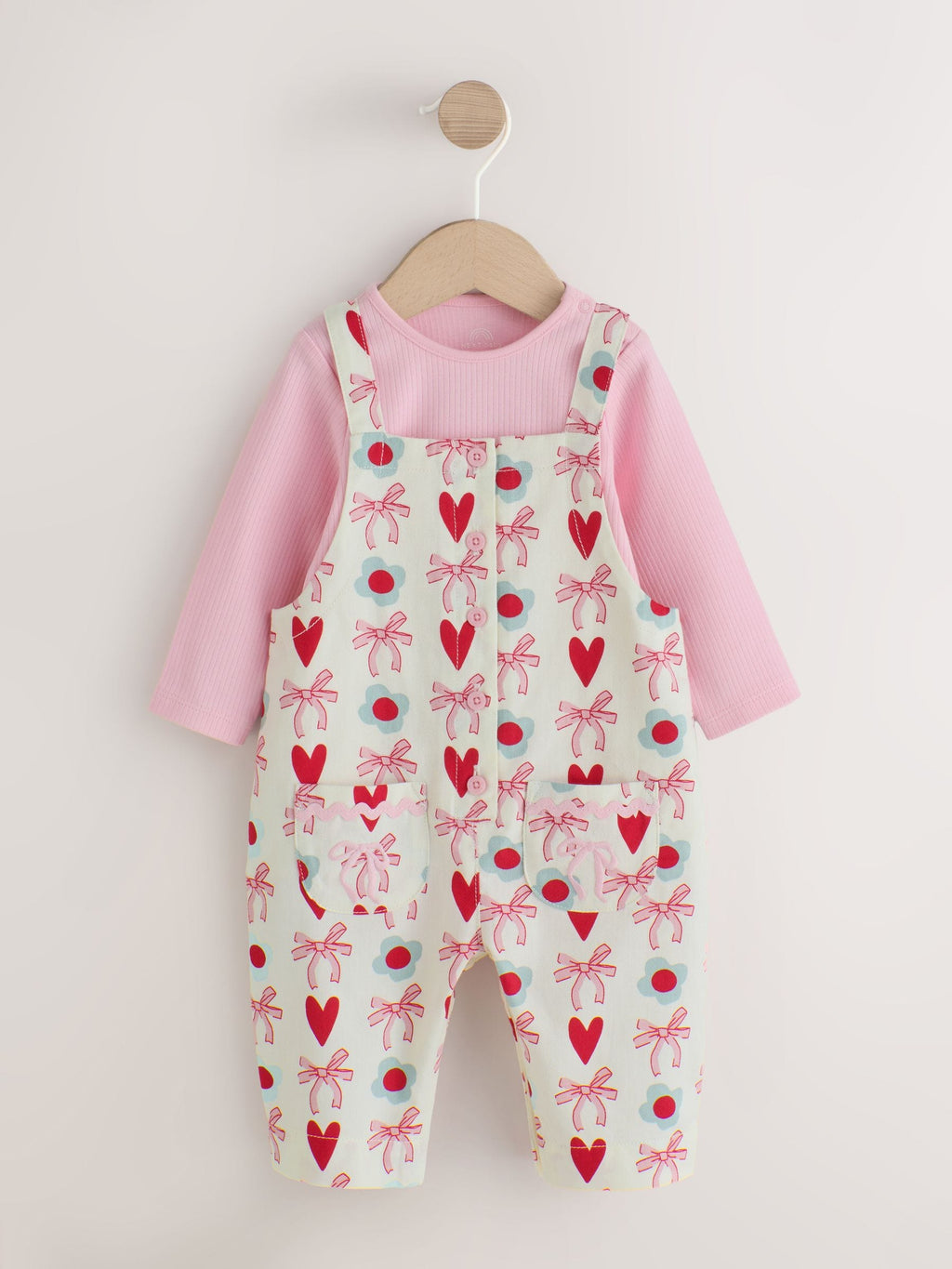 Ecru/Pink Bow And Heart Long Sleeve Bodysuit And Woven Dungarees Set 2 Piece (0mths-2yrs)