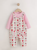 Ecru/Pink Bow And Heart Long Sleeve Bodysuit And Woven Dungarees Set 2 Piece (0mths-2yrs)