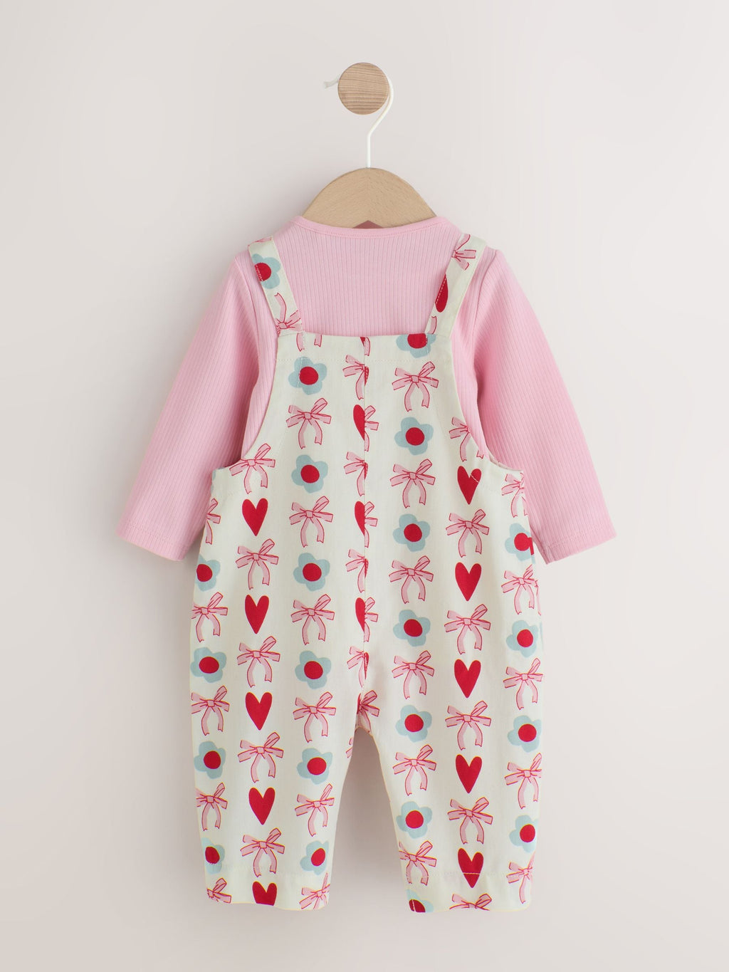 Ecru/Pink Bow And Heart Long Sleeve Bodysuit And Woven Dungarees Set 2 Piece (0mths-2yrs)