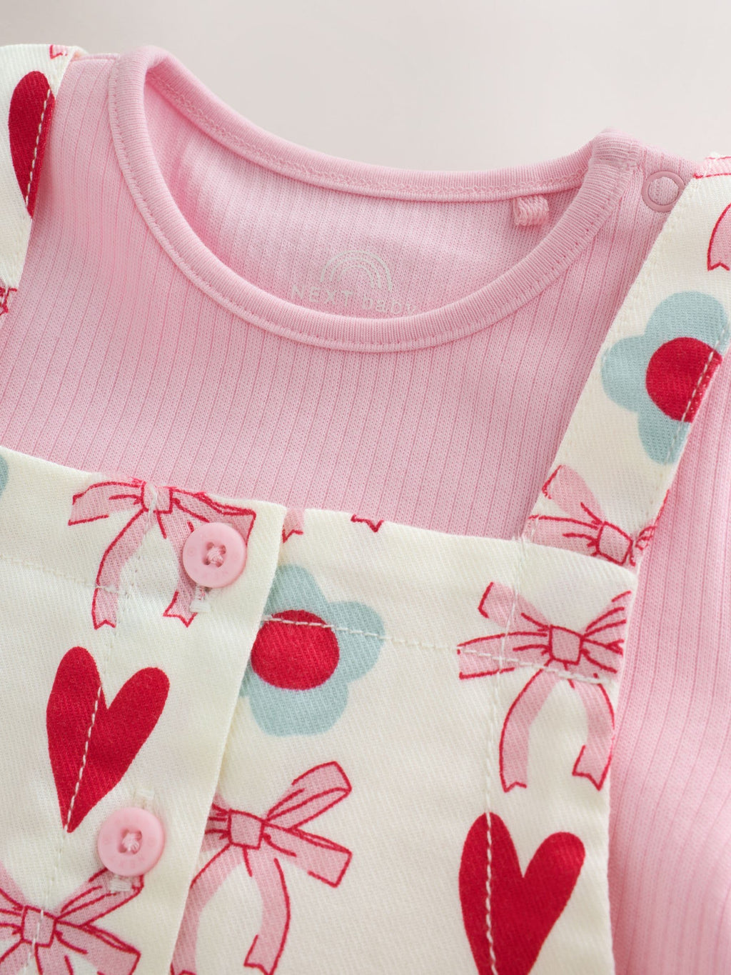 Ecru/Pink Bow And Heart Long Sleeve Bodysuit And Woven Dungarees Set 2 Piece (0mths-2yrs)