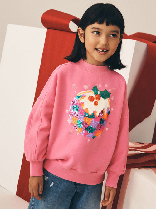 Pink Christmas Pudding Sequin Sweatshirt (3-16yrs)