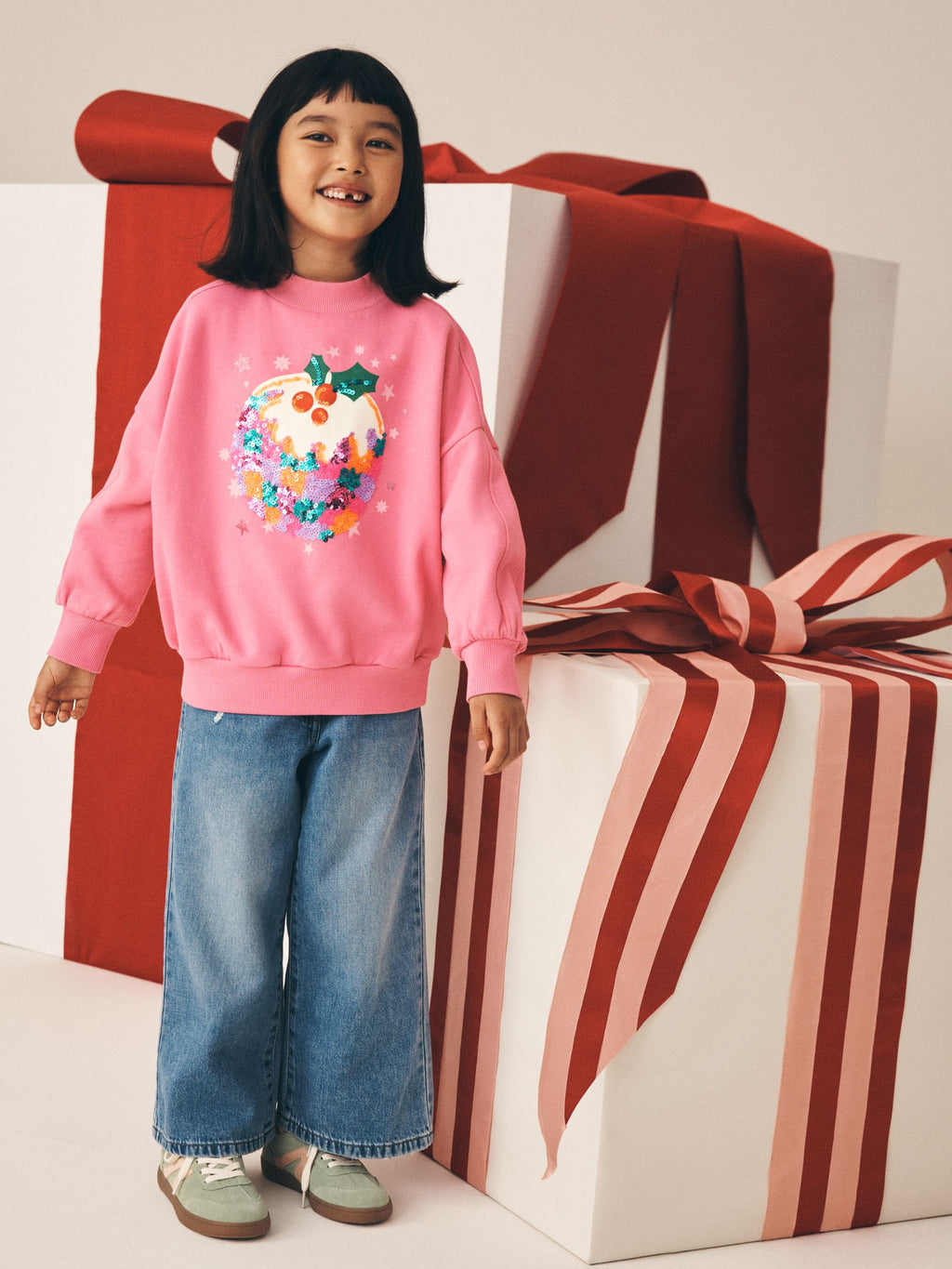 Pink Christmas Pudding Sequin Sweatshirt (3-16yrs)