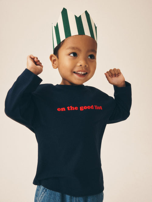 Navy on the good list Slogan Long Sleeve Christmas T-Shirt (3mths-7yrs)