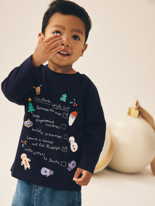 Navy Christmas Wish List Long Sleeve Christmas T-Shirt (3mths-7yrs)