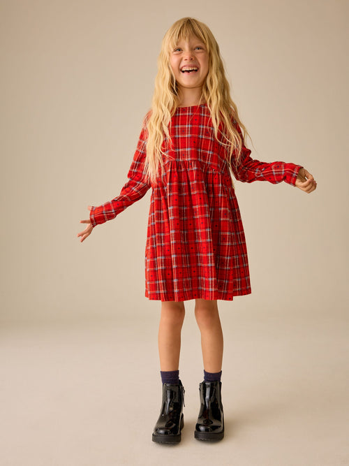 Red Check Jersey Long Sleeve Dress (3-16yrs)