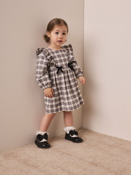 Grey Velvet Bow Long Sleeve Check Dress (3mths-8yrs)