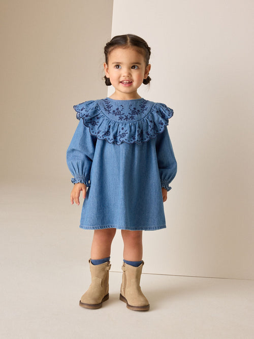 Denim Blue Long Sleeve Embroidered Denim Dress (3mths-10yrs)