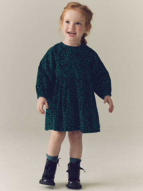 Green Animal Print Long Sleeve Cord Dress (3mths-8yrs)